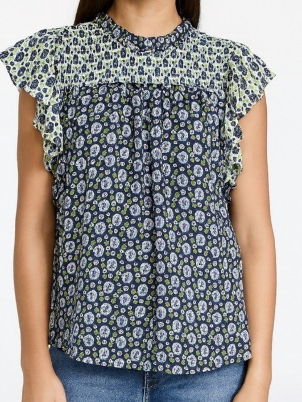 RACHEL ZOE size Medium Floral Ruffle Trim High Neck Blouse Navy Cottagecore